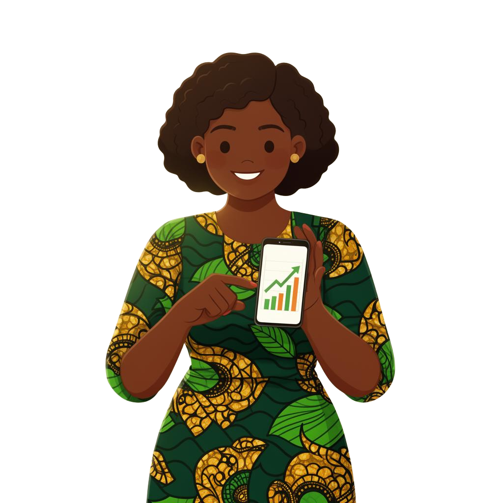Nigerian business owner reviewing financial growth on a phone